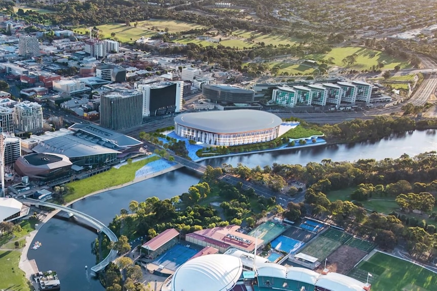 An arena next to the River Torrens in Adelaide from the air