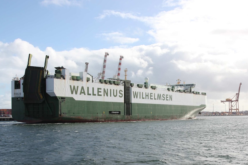 A large green and white cargo ship called Fidelio sails into Fremantle Port.