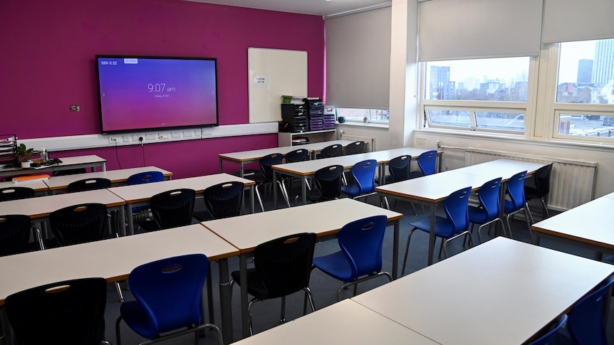 An image of an empty classroom with a purple wall and blue chairs.