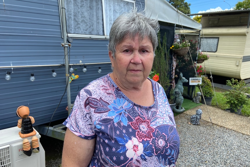 Sharron Parker outside her caravan.