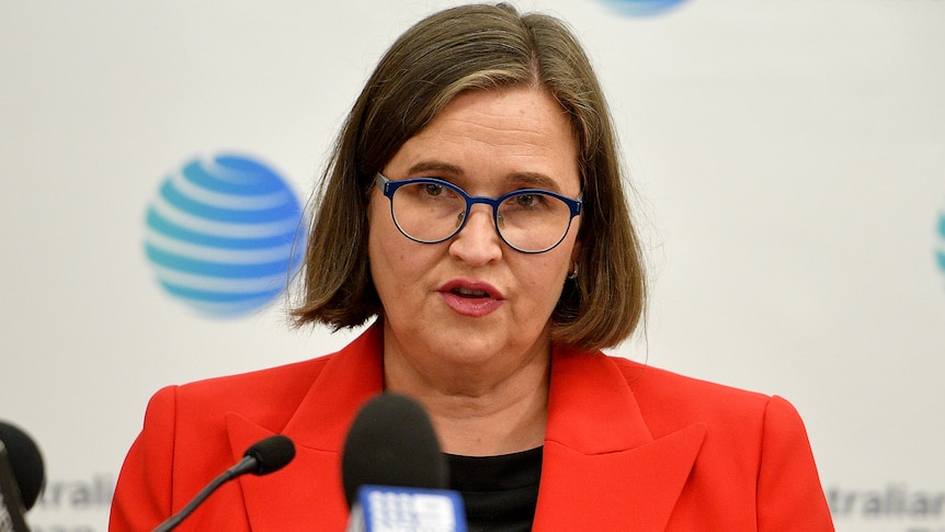 a woman wearing glasses talking into microphones at a press conference