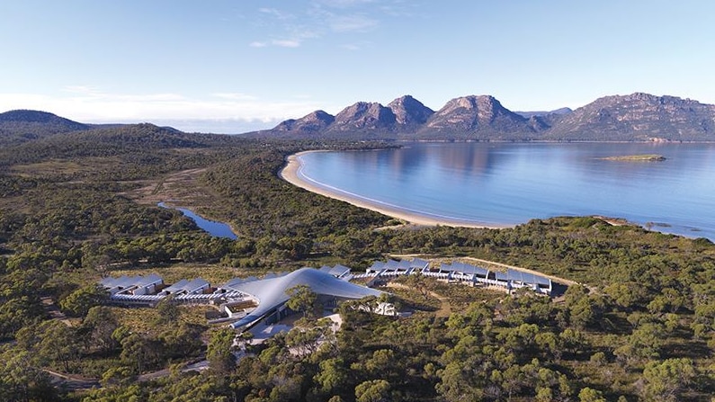 The Saffire Resort, Coles Bay, Tasmania, seen from the air.