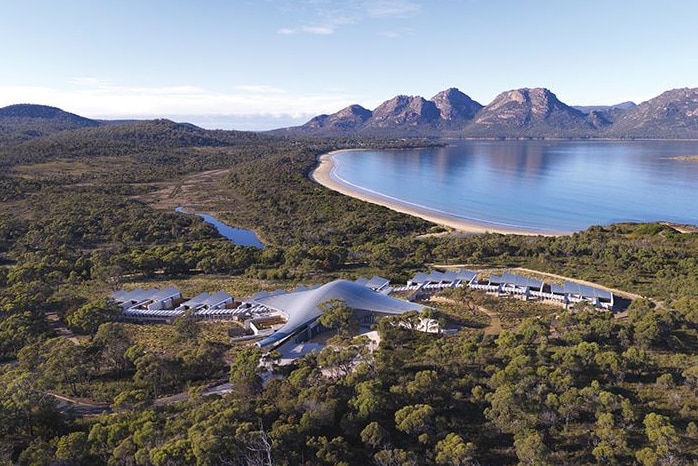 The Saffire Resort, Coles Bay, Tasmania, seen from the air.