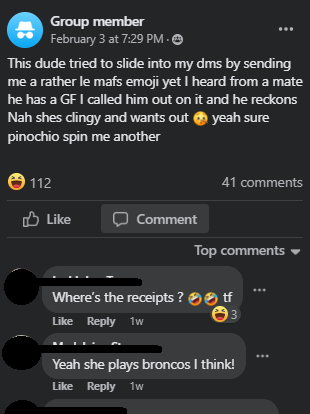 A facebook post by an anonymous group member about a man who might have a girlfriend messaging other people. 