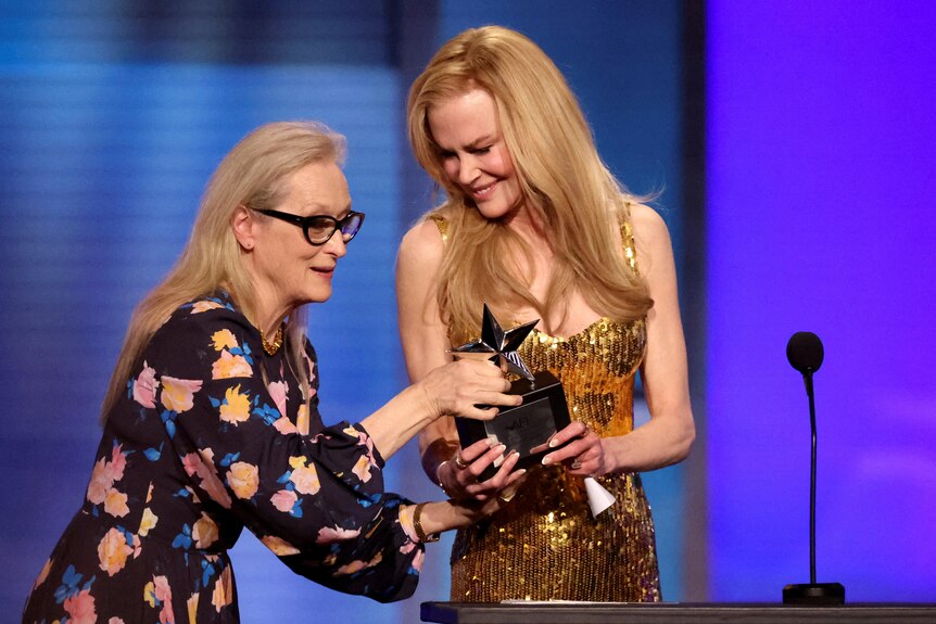 Nicole Kidman and Meryl Streep share a moment during the 49th AFI Life Achievement Award Tribute Gala