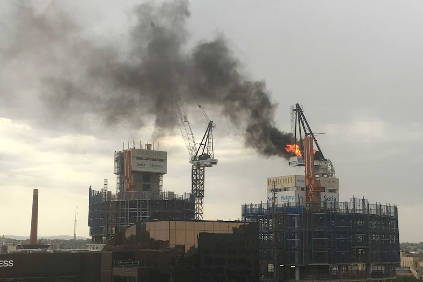 A crane on fire in Melbourne