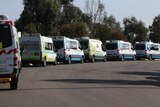 A row of patient transport vans are parked outside the Epping Gardens aged care home.