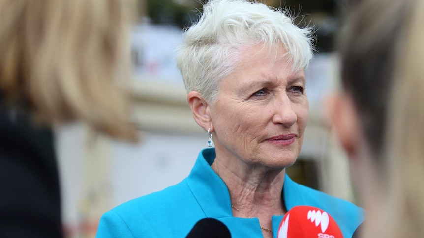 woman in blue stands in front of the media