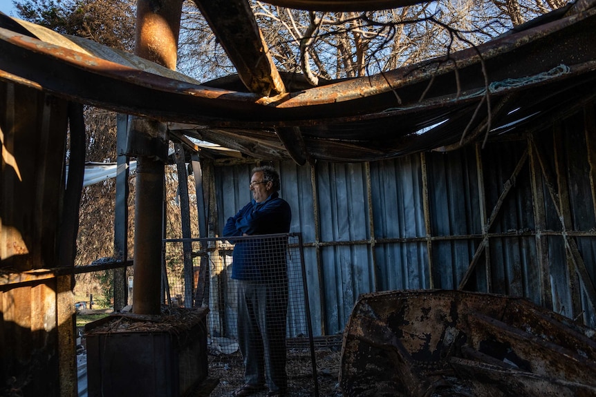 Trevor Eagles looks out at his bushfire ravaged property.