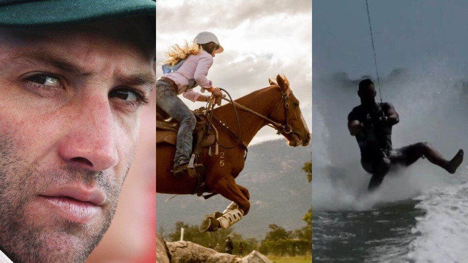 A three-panel split image showing a young man in a cricket cap, a woman riding a jumping horse, and a water-skier.