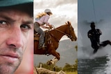 A three-panel split image showing a young man in a cricket cap, a woman riding a jumping horse, and a water-skier.