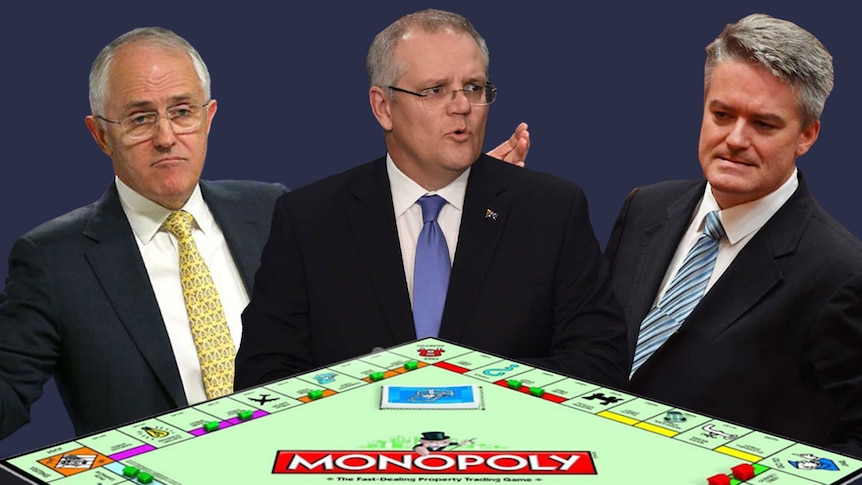 Mathias Cormann,  Scott Morrison and Malcolm Turnbull with a Monopoly board.