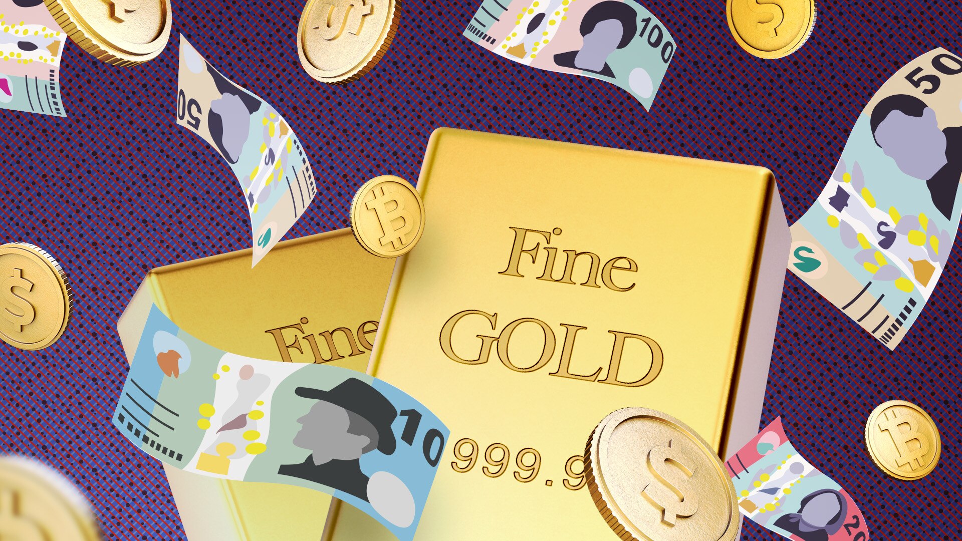 Collage of Australian paper money, and coins with dollar and bitcoin symbols on them, floating around two fine gold bars.