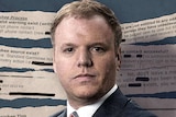 A graphic showing a corporate headshot of Richard Boyle with redacted cuttings from company documents behind him. 