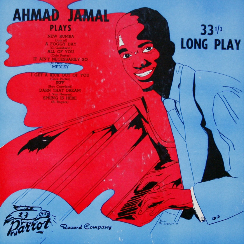 A painting of Ahmad Jamal with blue and red.