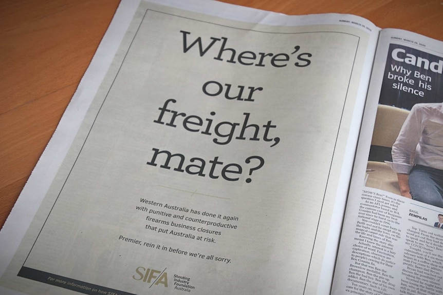A newspaper advertisement placed by the gun industry reading 'Where's our freight, mate?'.