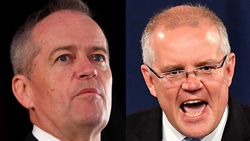 A composite image of Bill Shorten and Scott Morrison on election night.