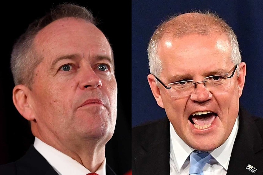 A composite image of Bill Shorten and Scott Morrison on election night.