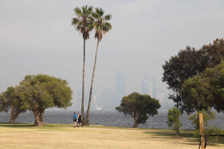 Perth CBD covered by smoke haze.