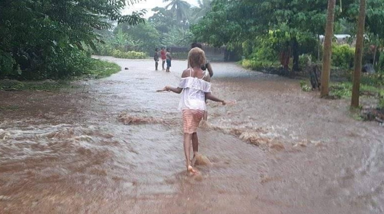 People walk in ankle-deep water down a tree-lined road.