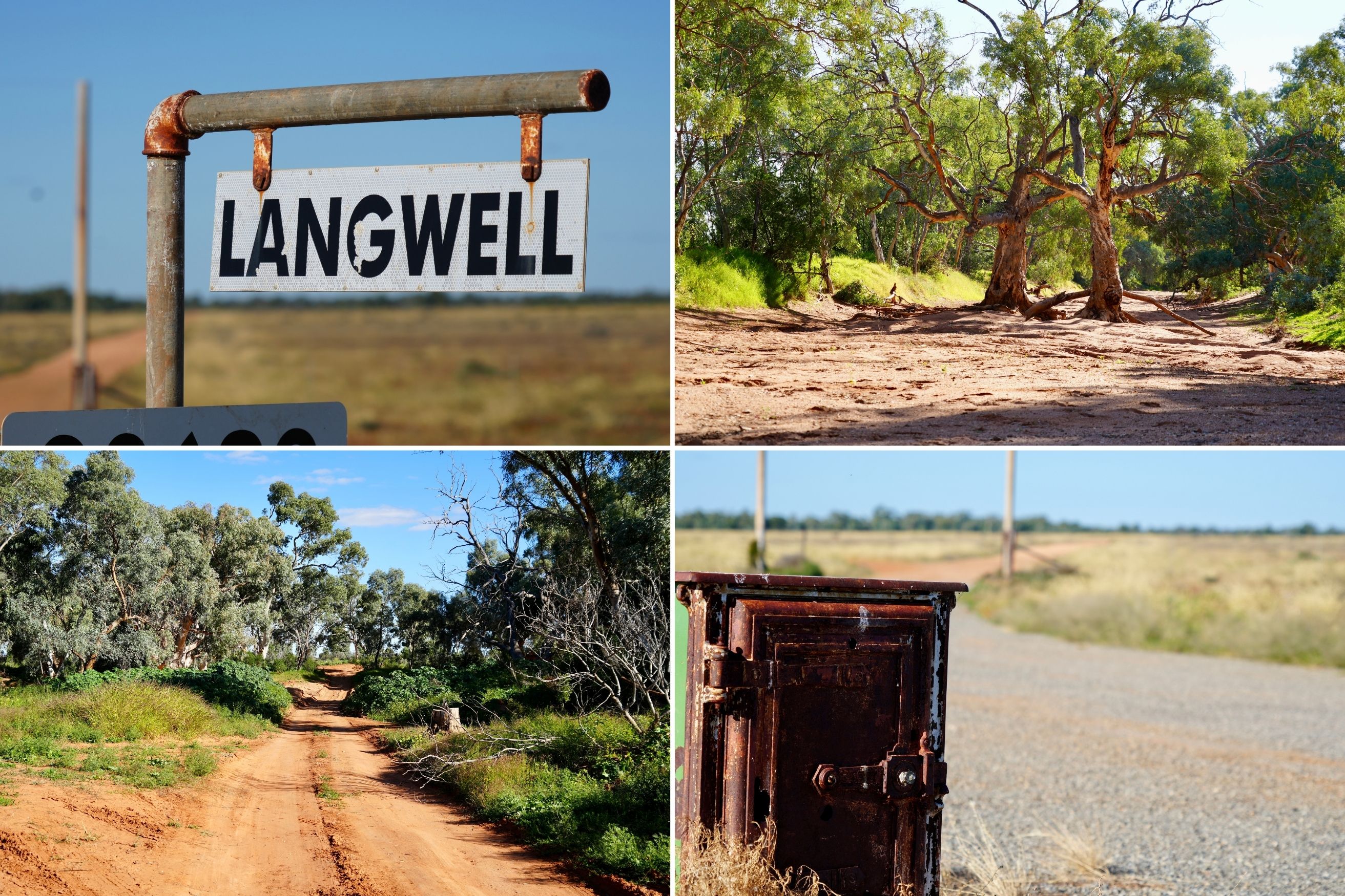 four images, one of a sign hanging, one of trees and sand, a red dirt driveway and a rusty old mailbox with a drive way 