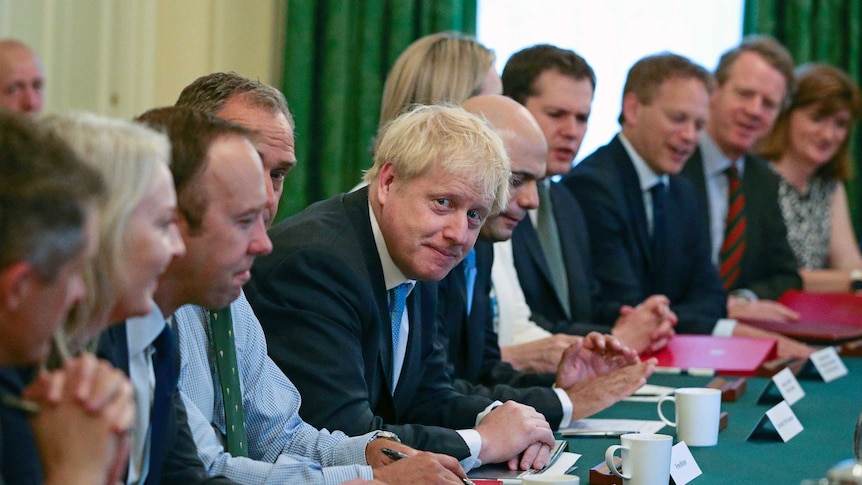 A group of Conservative Party MPs sit behind a long green table with Boris Johnson at the centre.