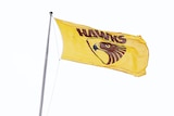 A close-up on a flagpole with a brown and gold flag carrying the word 'Hawks' attached to it.