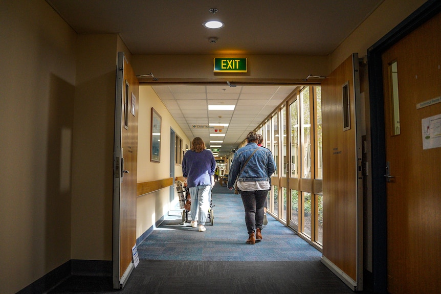 Two women walk down a hospital corridor pushing an older woman in a wheelchair, light beams in from long windows on their right.