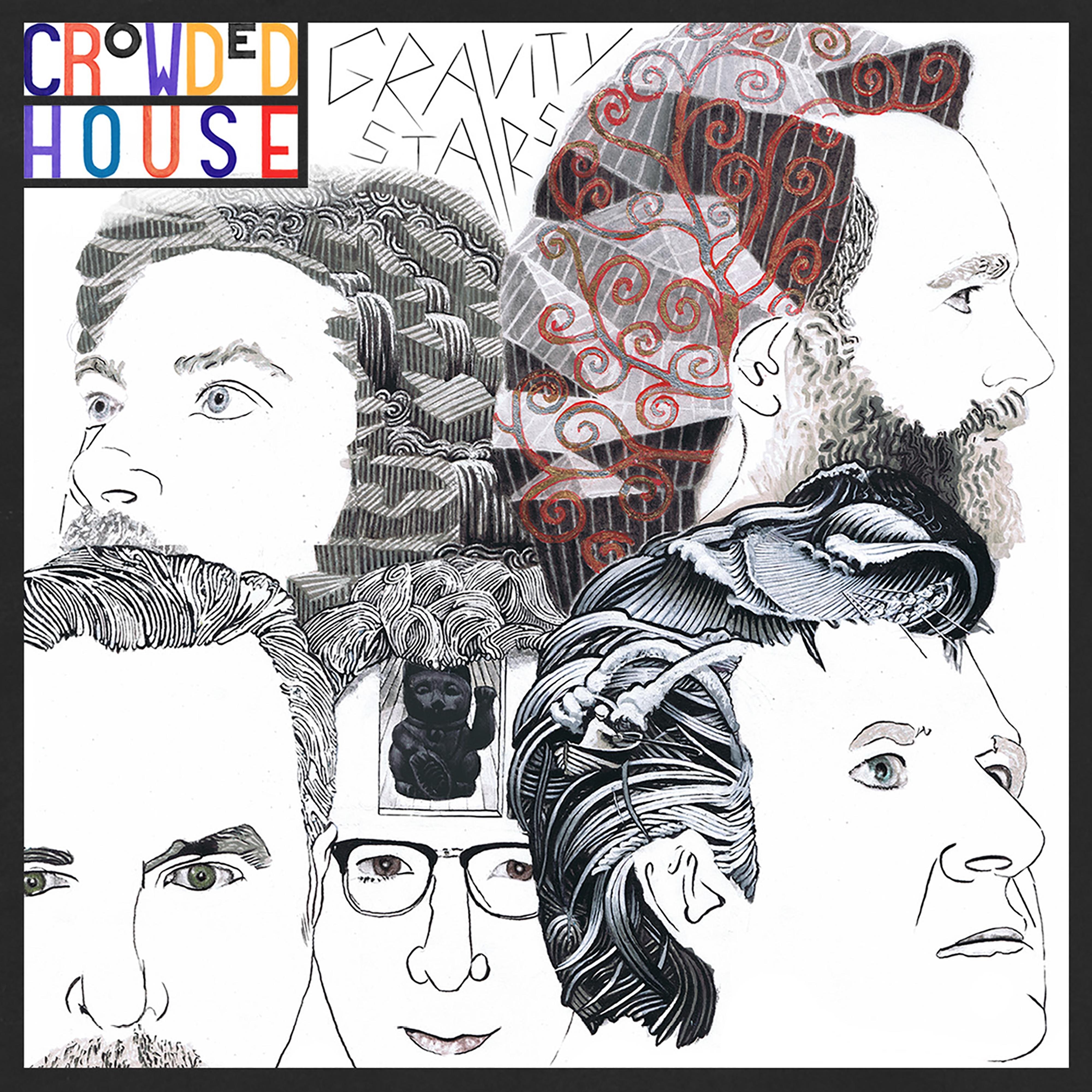 black & white illustration of Crowded House bandmates' heads and textured hair with coloured text: Crowded House Gravity Stairs