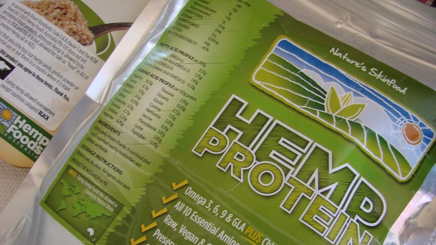 A packet of industrial hemp seed powder manufactured by Hemp Foods Australia from imported seed