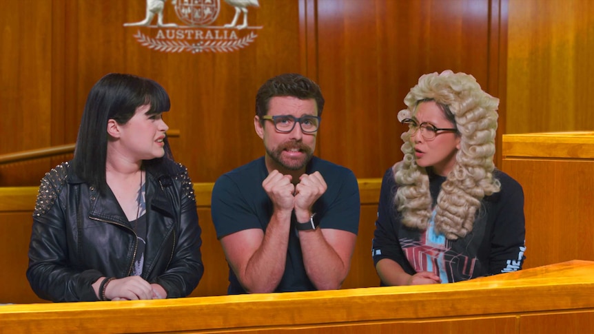 From left to right- Gem, Goose and Rad anxious in the Noob Court room.