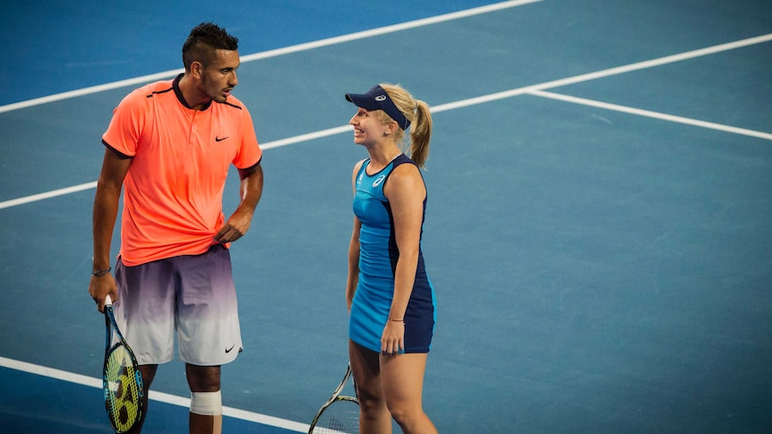 Australia's Daria Gavrilova and Nick Kyrgios playing against Czech Republic at the 2017 Hopman Cup.