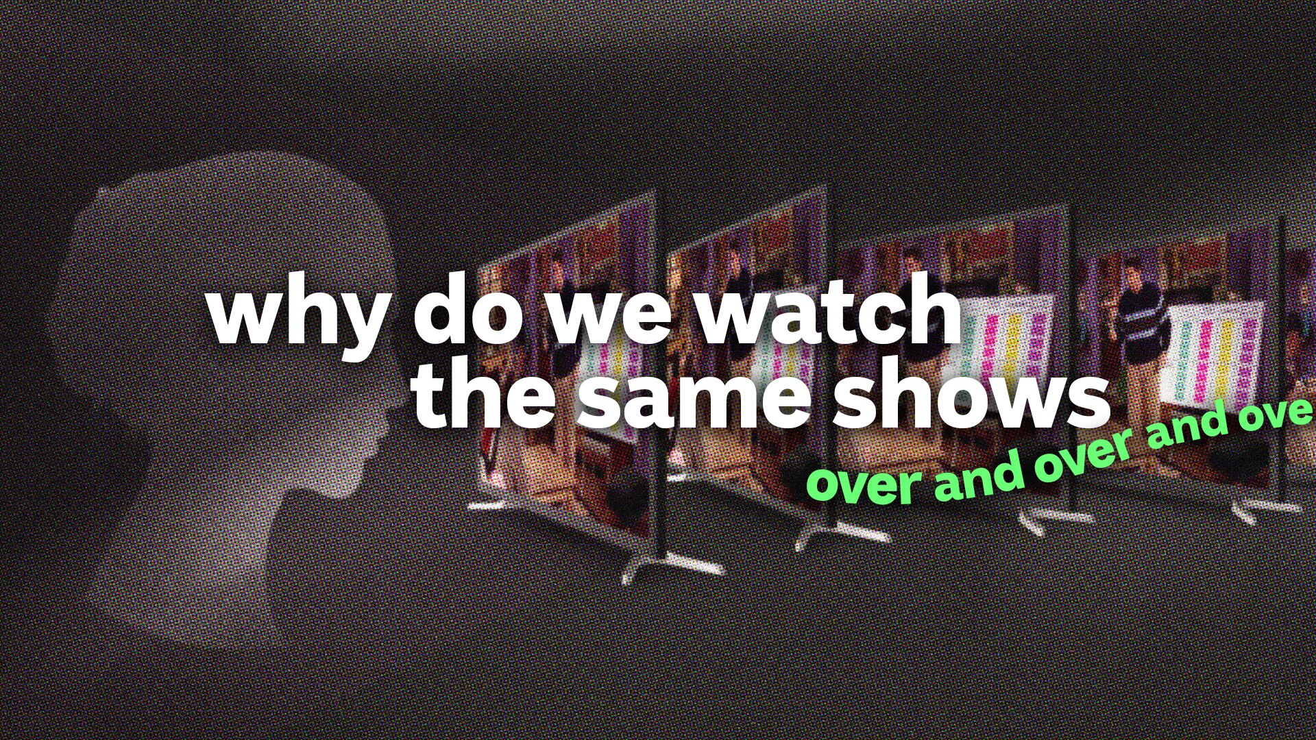 Illustration of multiple TVs in a line and the silhouette of a person's head watching them.