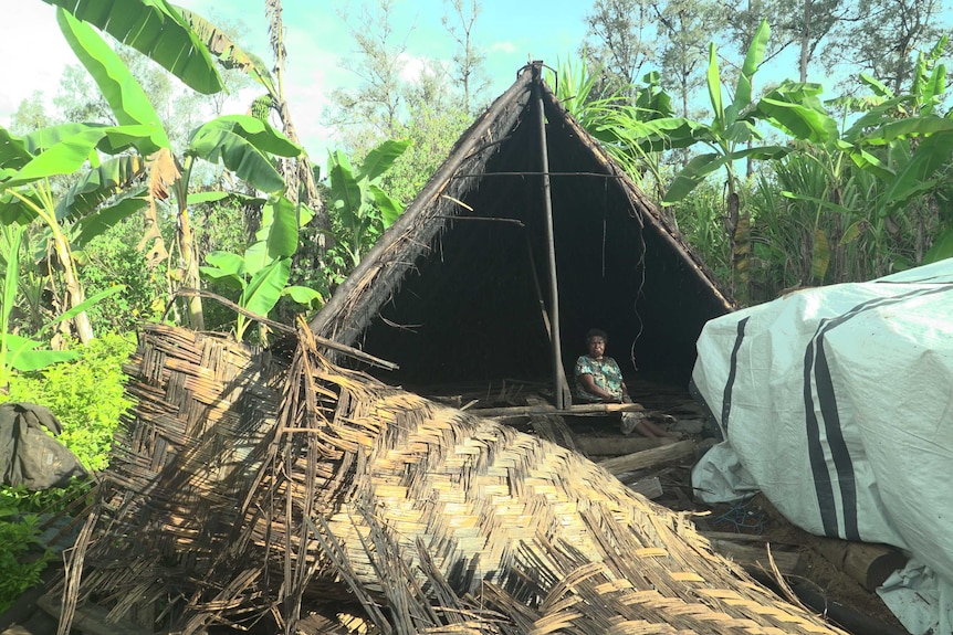 An elderly woman sits in a collapsed wooden house damaged in the earthquake