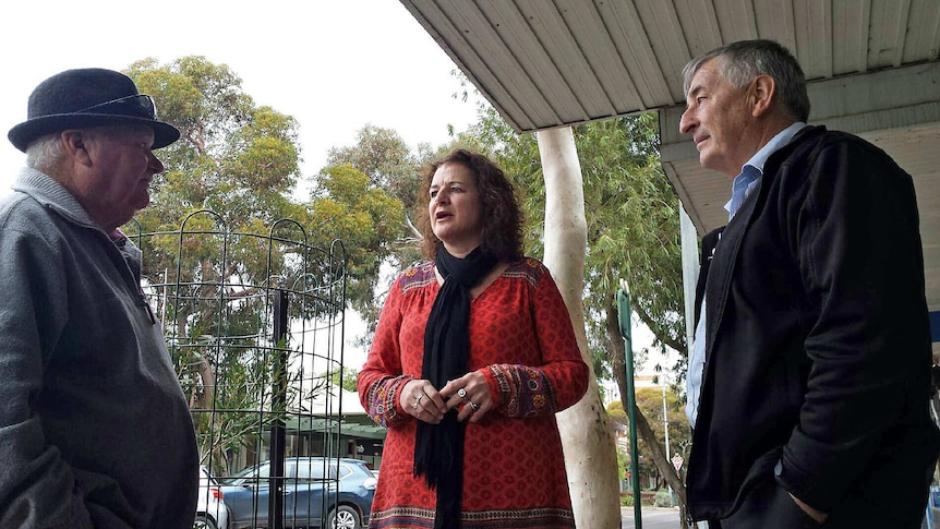 Andrea Broadfoot talks with voters in the street.