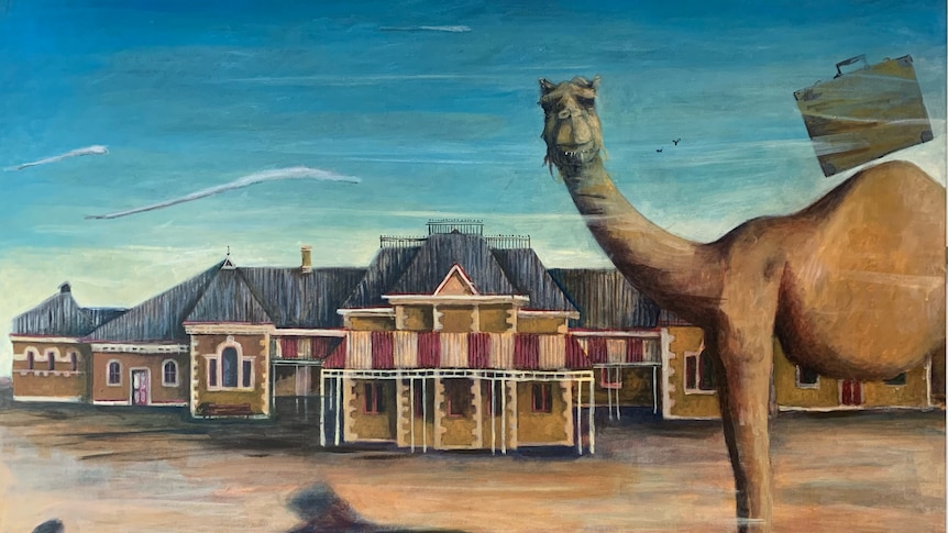 A painting of a camel with a suitcase balanced on its hump in front of a building.