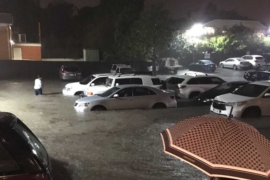 The flooded car park of the Norman Hotel