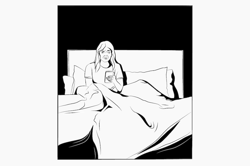 comic illustration of woman with long hair in bed looking worried at phone.