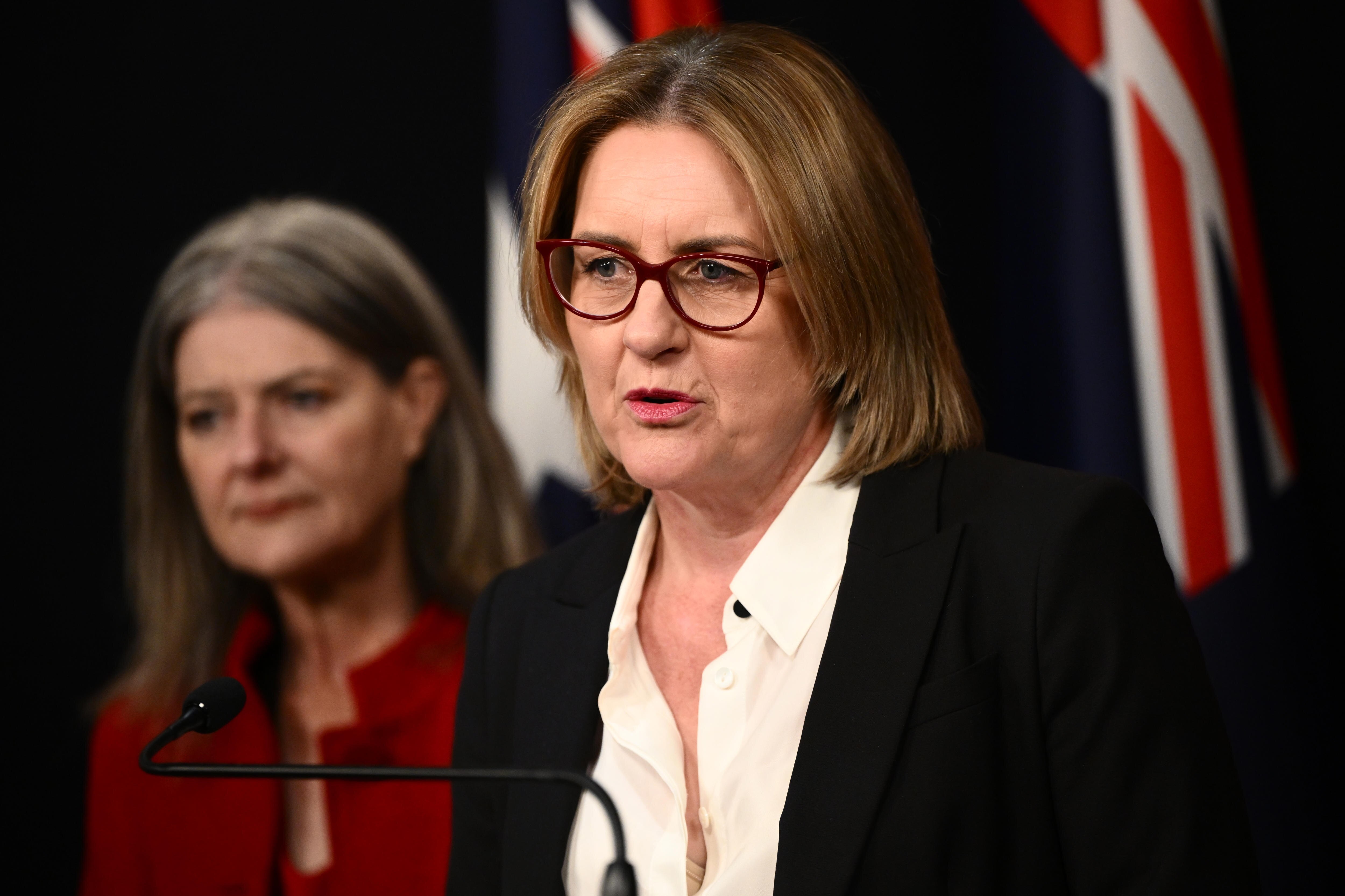 Jacinta Allan fala aos meios de comunicação social em conferência de imprensa.