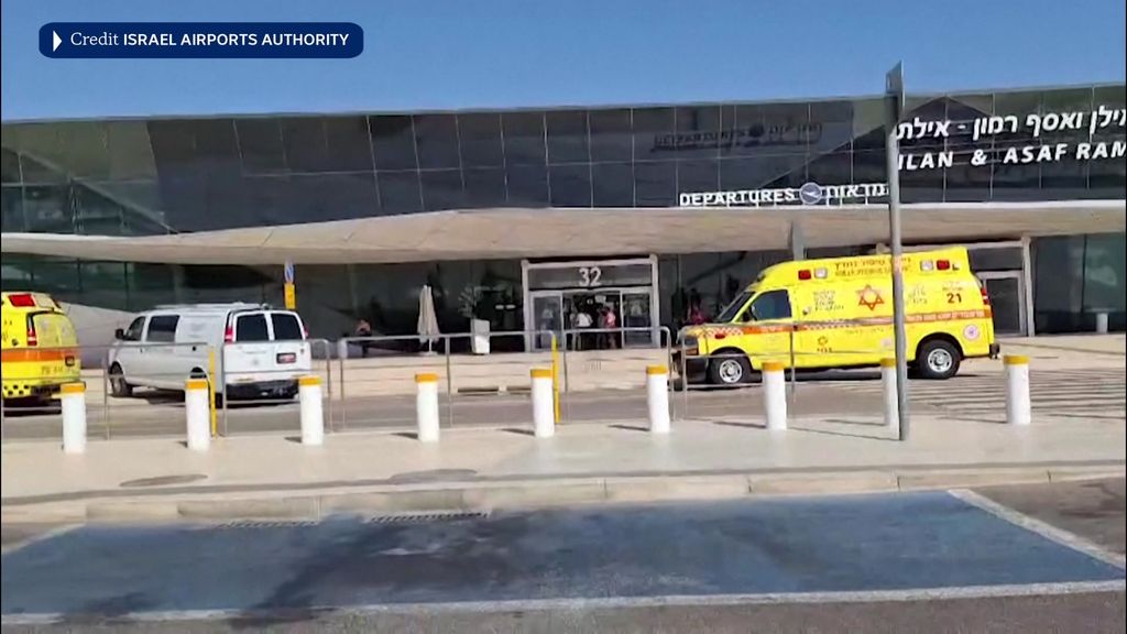 Fluorescent Israeli emergency services respond to Houthi drone attack on Ramon Airport.