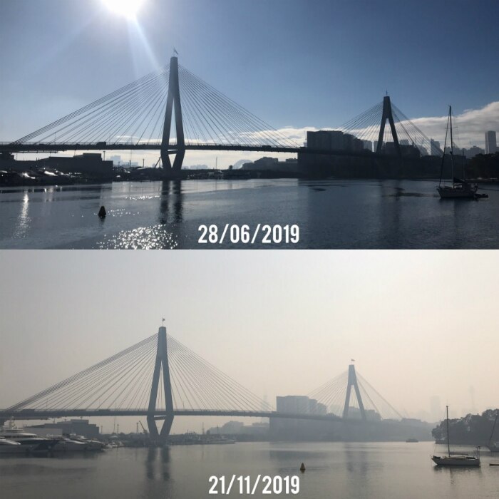 Two images of a large bridge. The first showing clear skies, the second showing a large smoke haze.