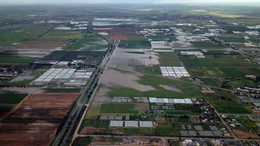 Aerial photo showing flooding into rural properties at Virginia.