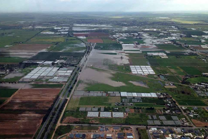 Aerial photo showing flooding into rural properties at Virginia.