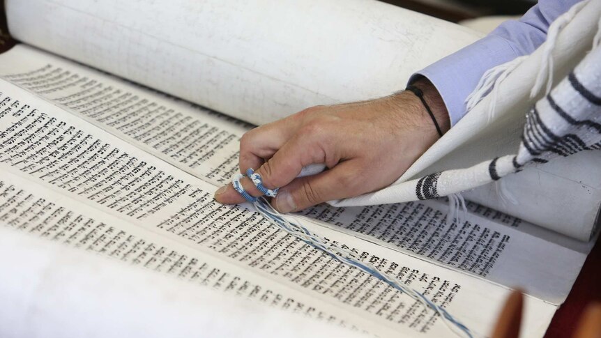 male hand with blue and white thread around finger on unrolled scroll with hebrew writing in columns