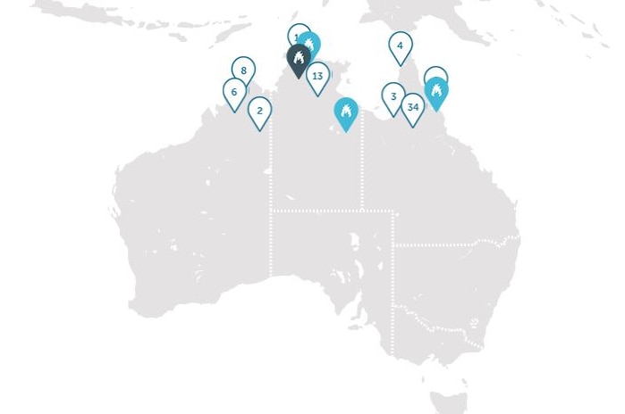 Map of Australia with markers across the top of WA, NT and Queensland
