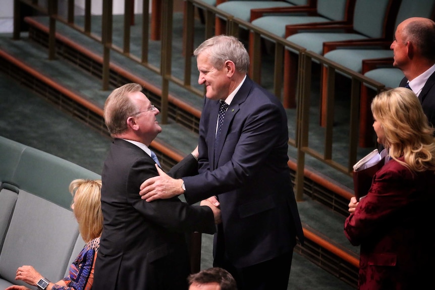 Ian MacFarlane and Bruce Billson shake hands in Parliament