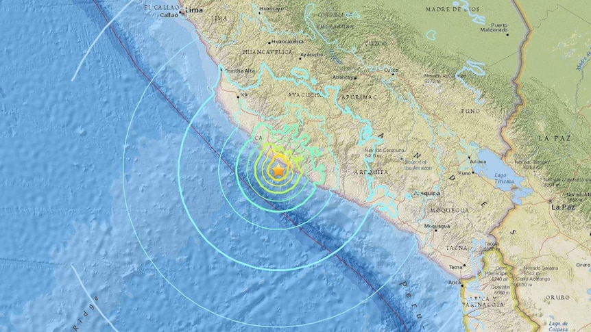 A map of Peru shows a large star off the coast, where an earthquake struck south of Lima