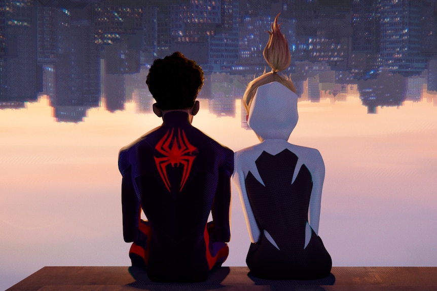 Spider-Man and Spider-Gwen, two animated characters in skin-tight body suits sit hanging upside down looking at a city skyline.