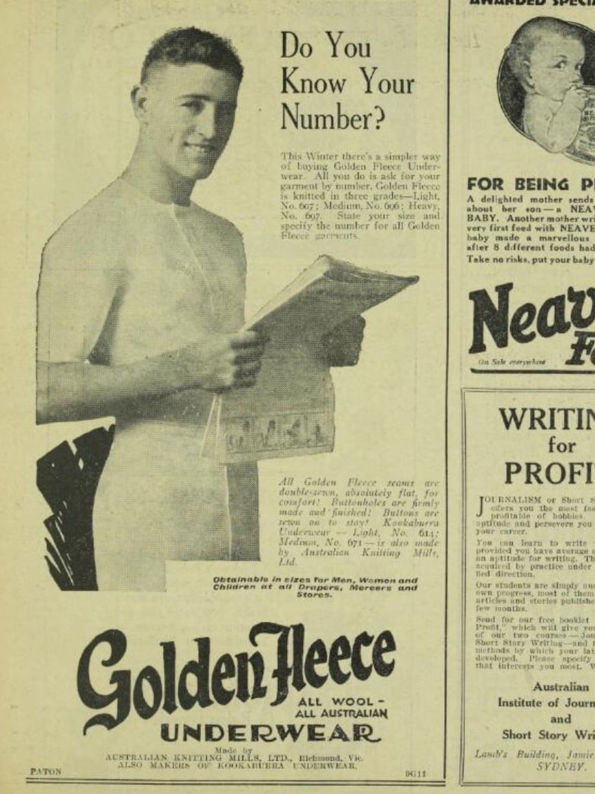 A magazine advertisement of a man in wool underwear holding a newspaper and smiling.