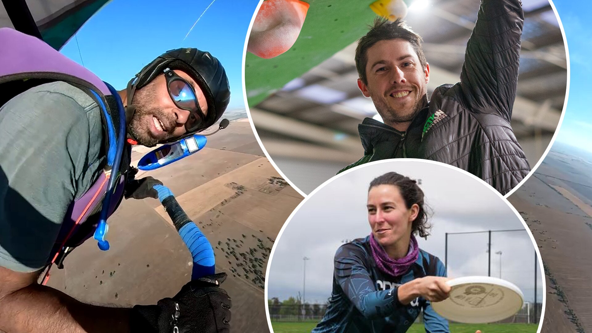 a hang glider, a frisbee player, and a rock climber smile in this ABC graphic